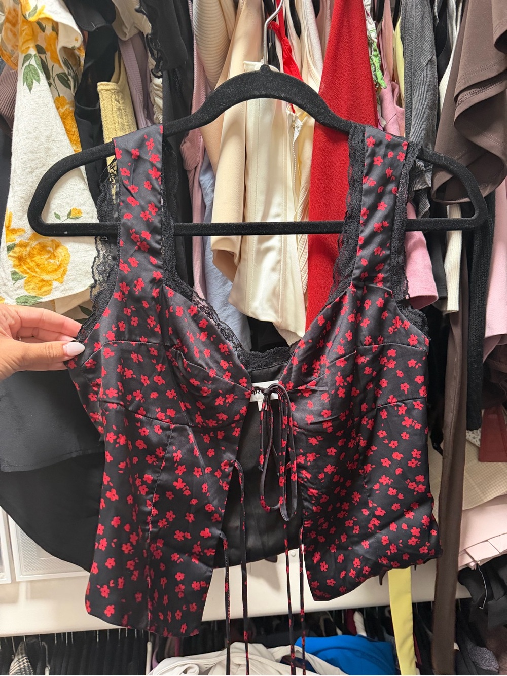 superdown Black Crop Top with Red Floral Print